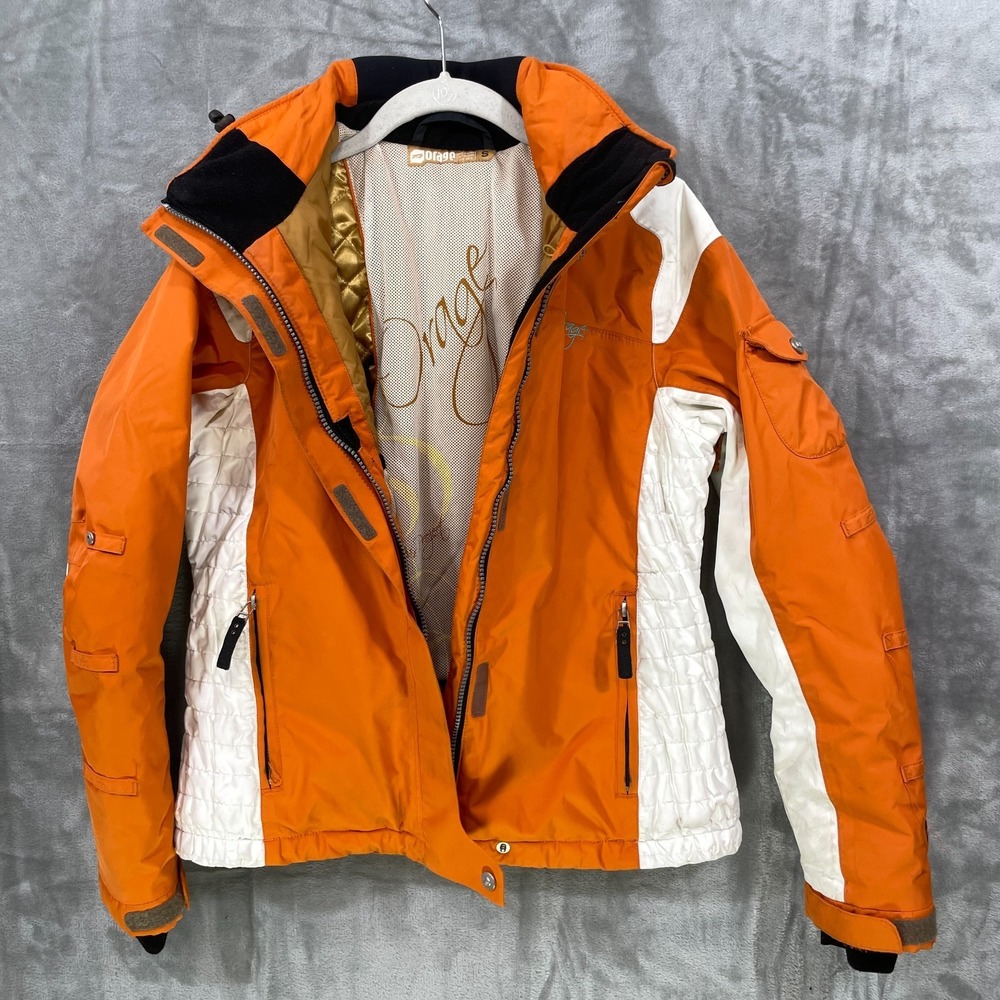 Orage Ski Snowboard Jacket Womens Small Nylon Orange Hooded Winter STAINS! - Picture 9 of 12